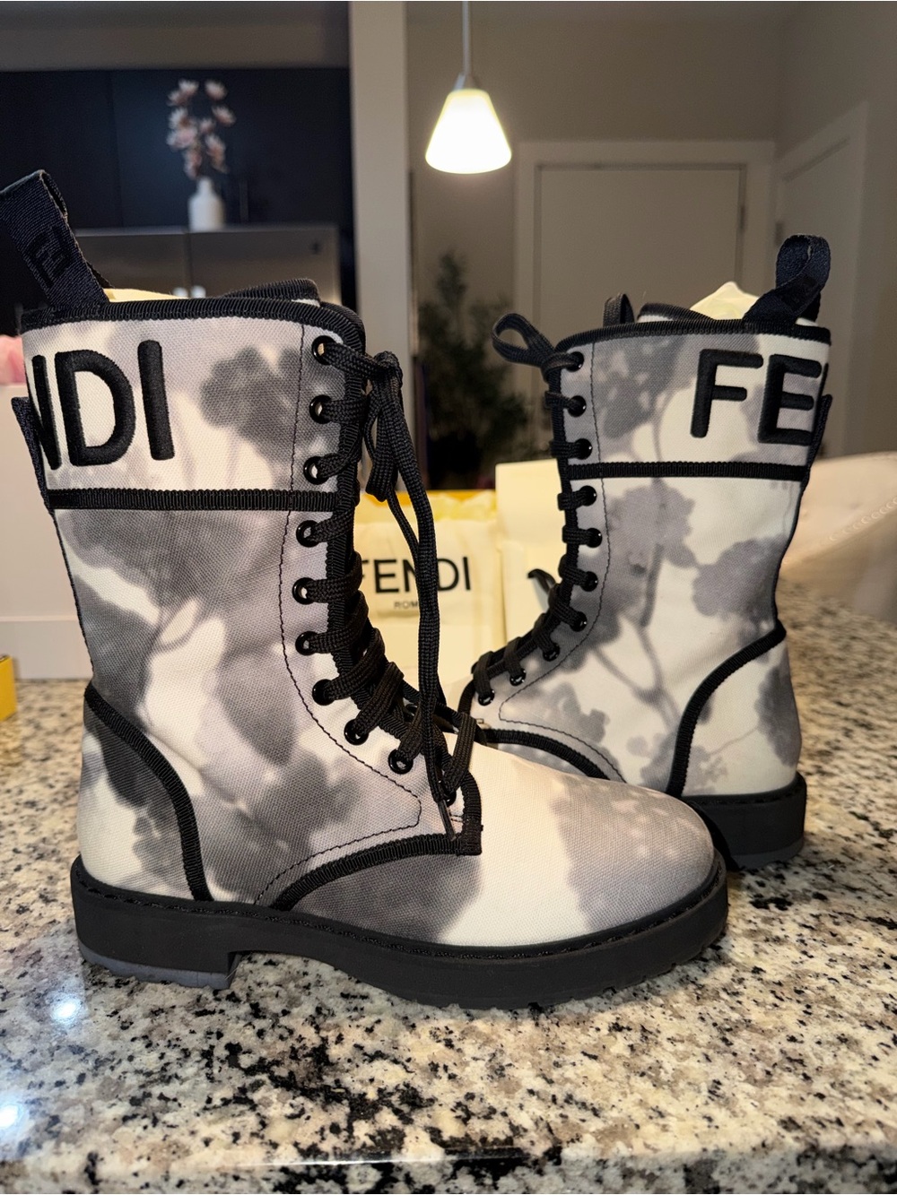 Fendi White and Gray Tie-Dye Lace-Up Combat Boots